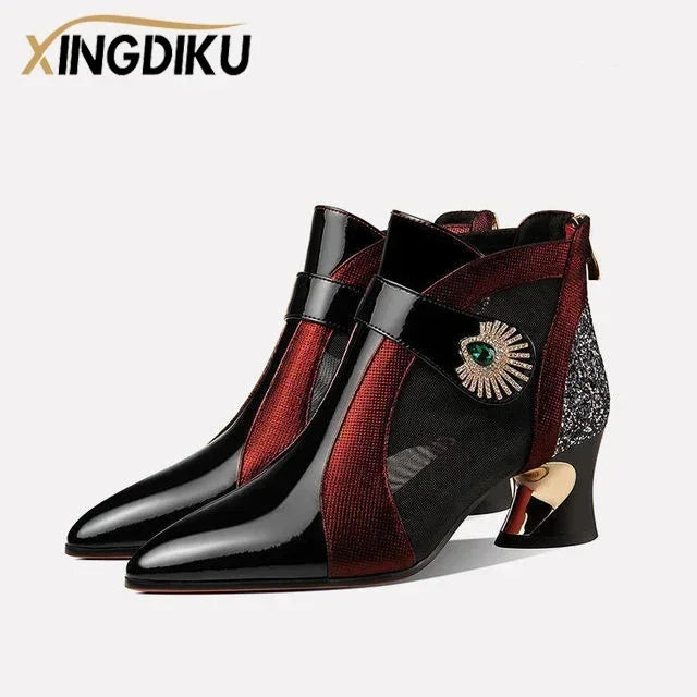 Leather Mesh Breathable High Heels with Rhinestone Accent