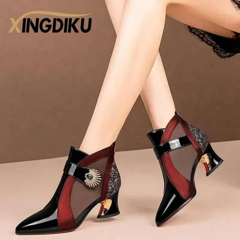 Leather Mesh Breathable High Heels with Rhinestone Accent