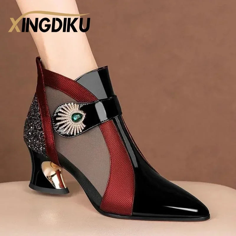 Leather Mesh Breathable High Heels with Rhinestone Accent